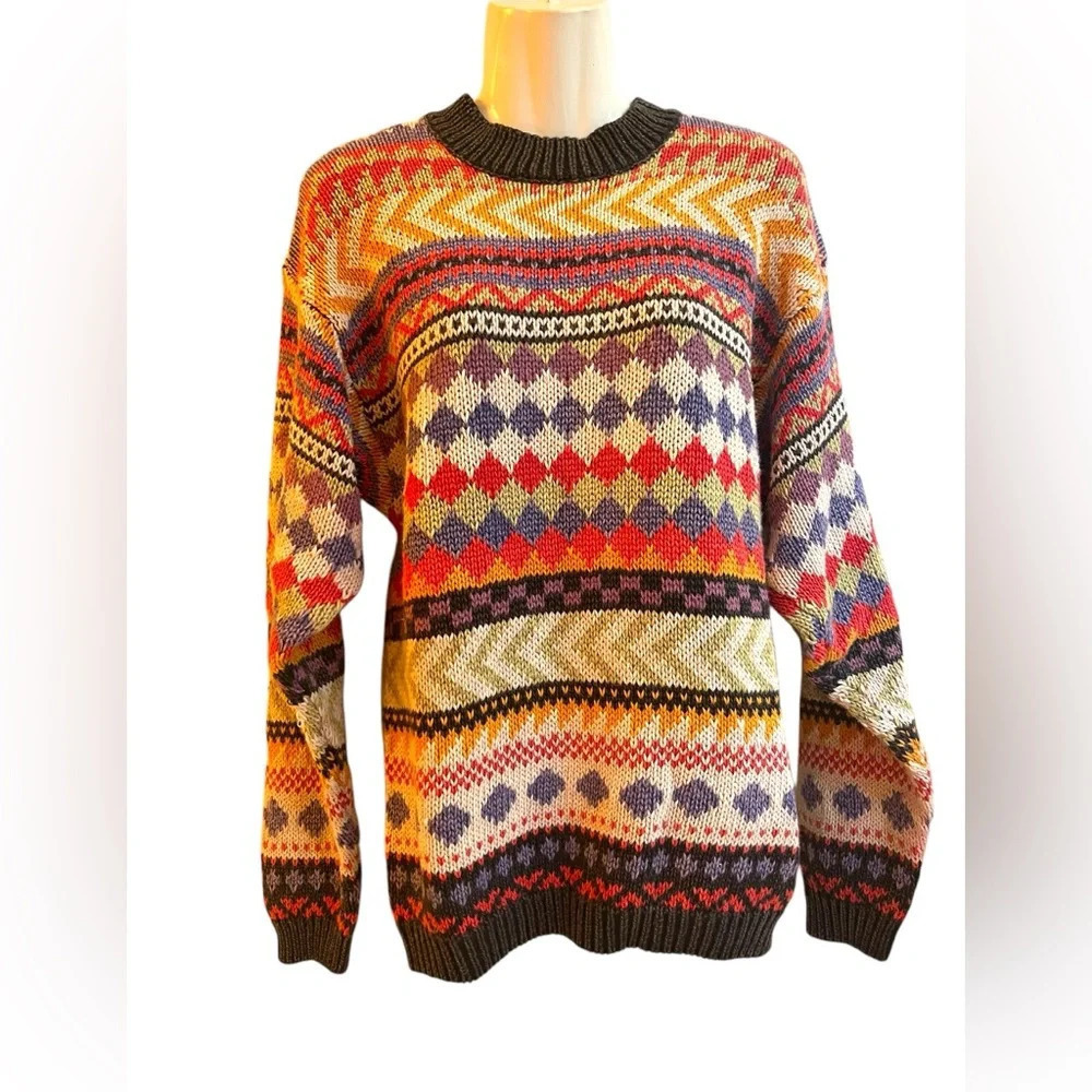 Vintage RTW Sweater Fair Isle Blue Red Colorful Striped Diamond 80s Mens Sz S